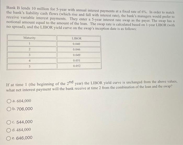 Bank B lends 10 million for 5-year with annual