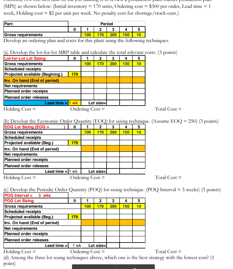 (MPS) as shown below: (Initial inventory = 170