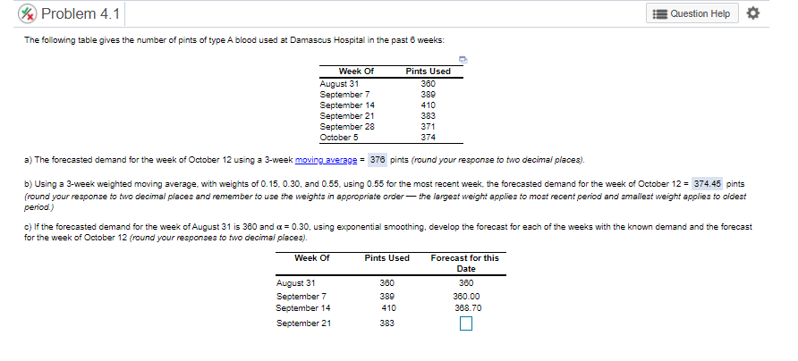 Problem 4.1 Question Help The following table