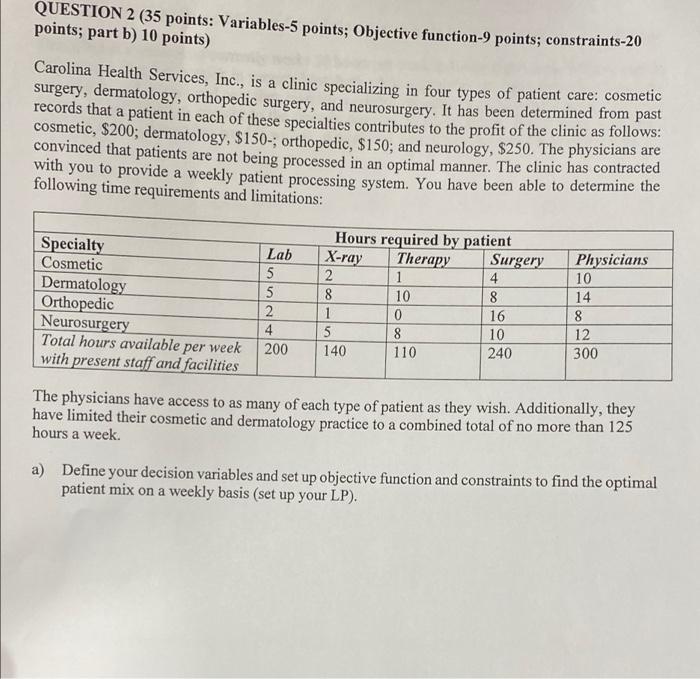 a QUESTION 2 (35 points: Variables-5 points;