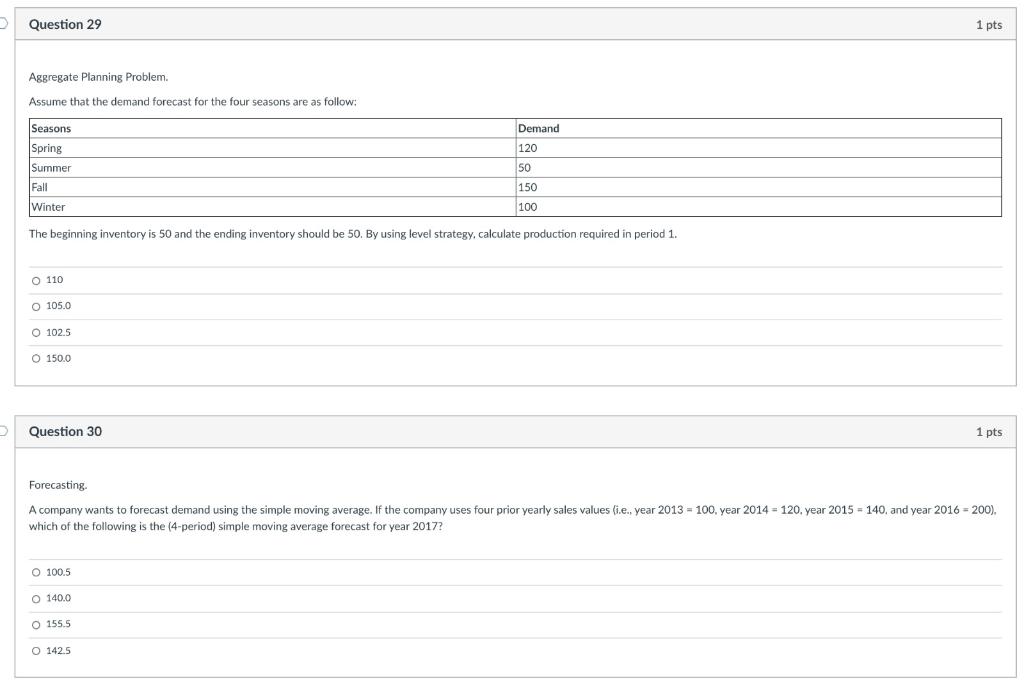 Question 29 1 pts Aggregate Planning Problem.