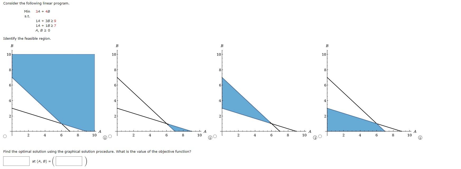 Consider the following linear program. 3A + 4B 10