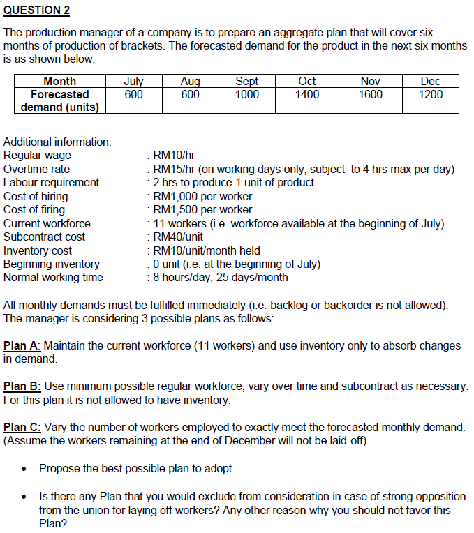Fill in the table for each plan A, B and C using