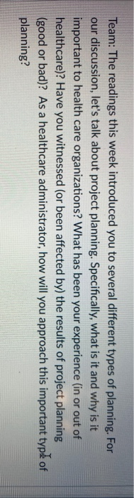 Team: The readings this week introduced you to