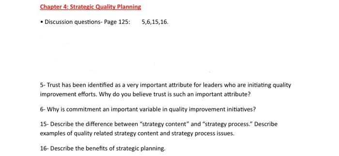 Chapter 4: Strategic Quality Planning Discussion