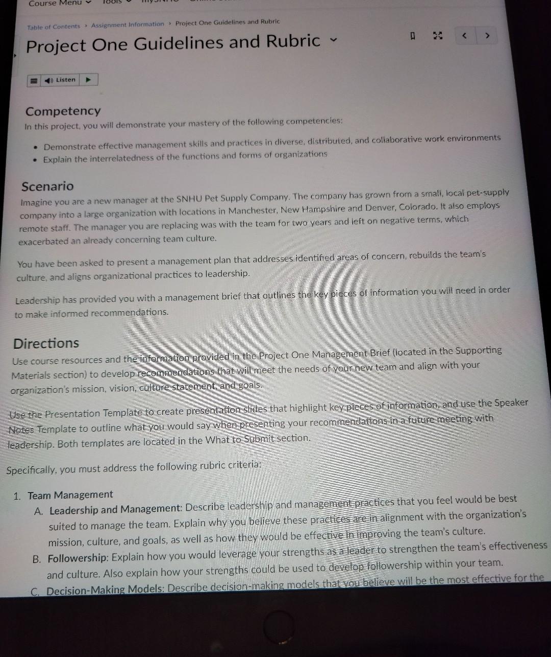 Project One Guidelines and Rubric Competency In