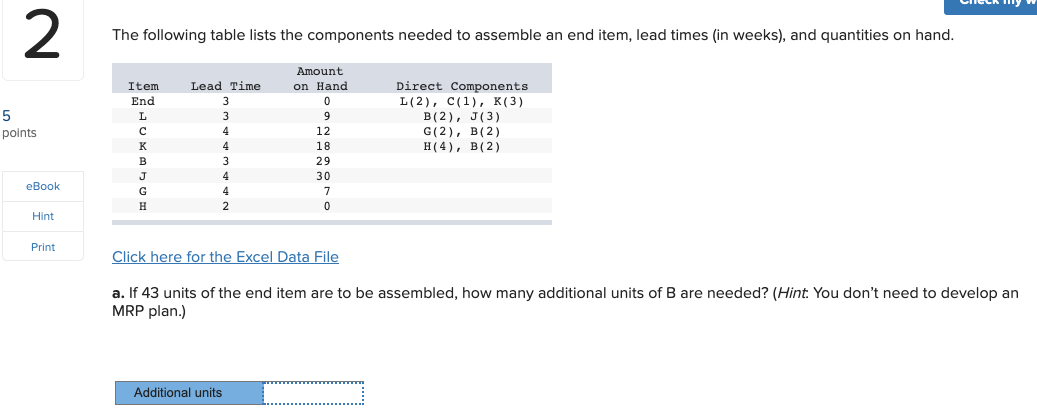 2 The following table lists the components needed