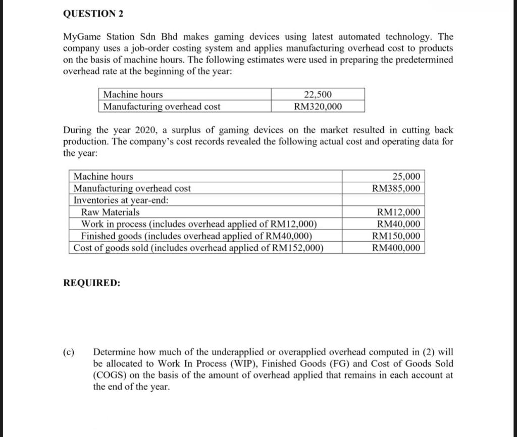 QUESTION 2 MyGame Station Sdn Bhd makes gaming