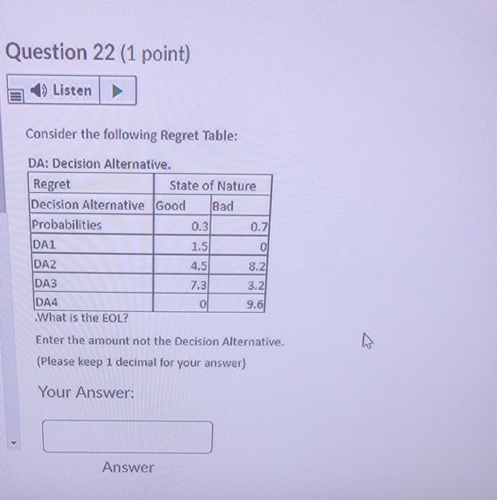 Question 22 (1 point) ) Listen Consider the