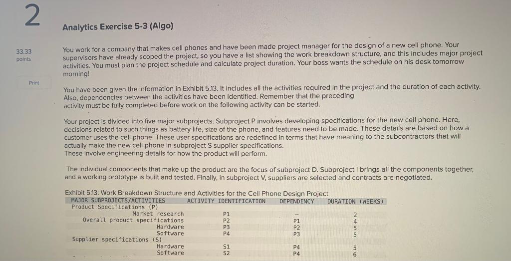 2 Analytics Exercise 5-3 (Algo) 33.33 points You