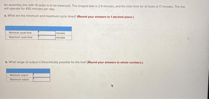 An assembly line with 15 tasks is to be balanced.