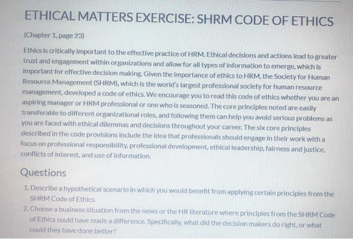 ETHICAL MATTERS EXERCISE: SHRM CODE OF ETHICS