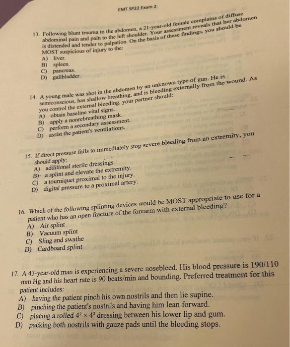 help EMT SP22 Exam 2 13. Following blunt trauma