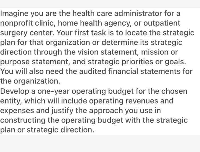Imagine you are the health care administrator for