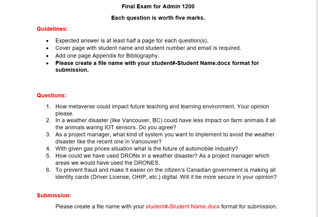 Final Exam for Admin 1200 Each question is worth