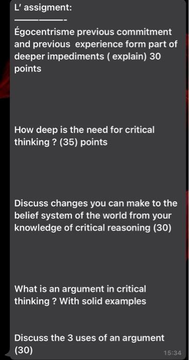 L'assigment: Egocentrisme previous commitment and