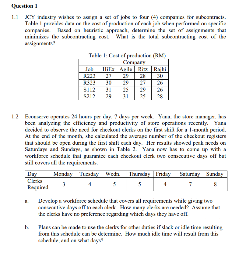 Question 1 1.1 JCY industry wishes to assign a