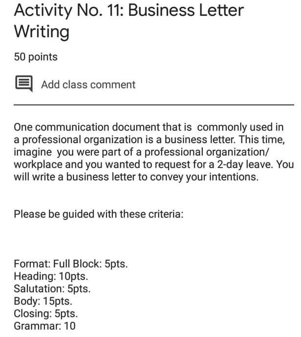 Activity No. 11: Business Letter Writing 50