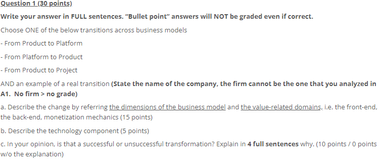 Question 1 (30 points) Write your answer in FULL