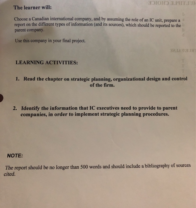 IOHO a The learner will: Choose a Canadian