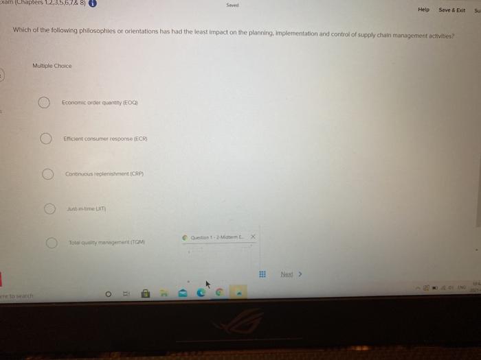 Exam (Chapters 123,5,6,7.& 8) Seved Help Save &