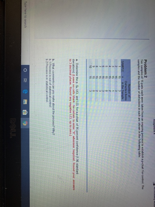 Assignment Problem 2 Ten samples of 15 parts each
