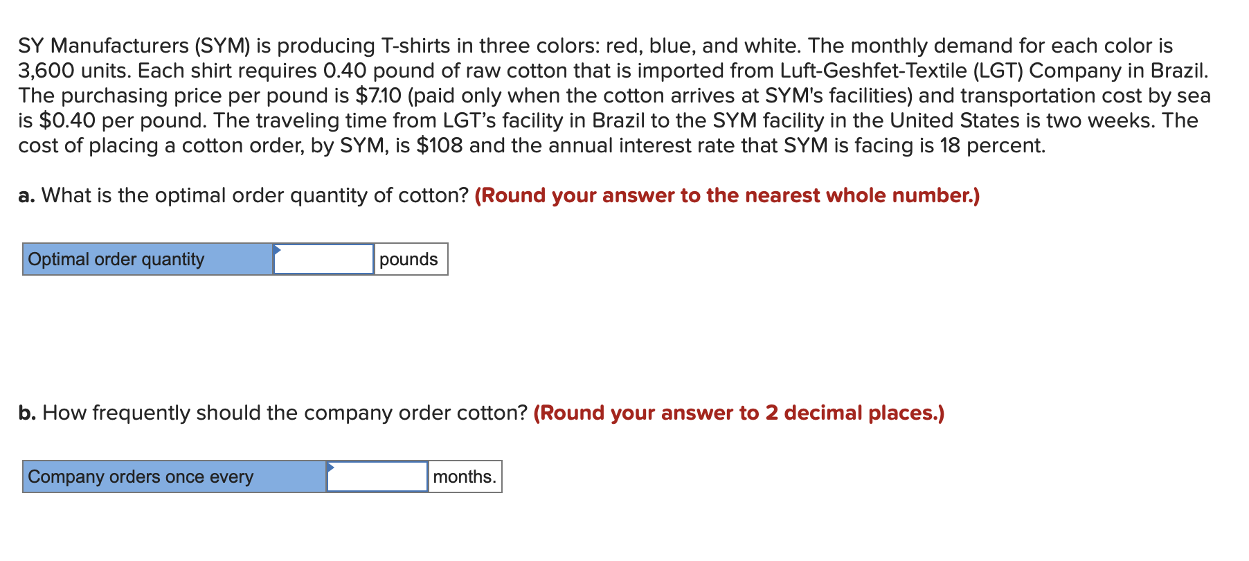 SY Manufacturers (SYM) is producing T-shirts in