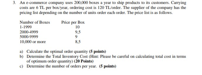 3. An e-commerce company uses 200,000 boxes a