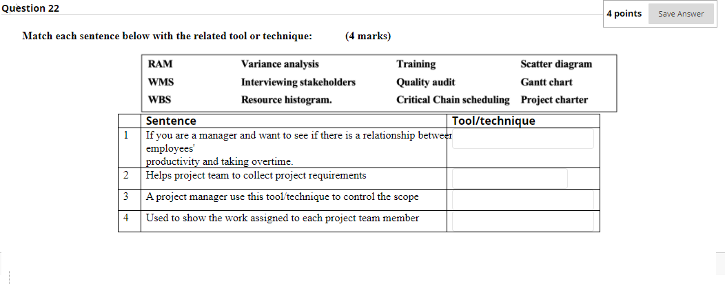 Question 22 4 points Save Answer Match each