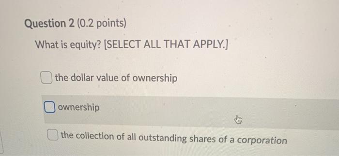 Question 2 (0.2 points) What is equity? [SELECT