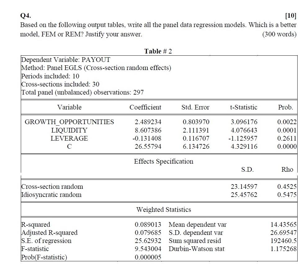 Q4. [10] Based on the following output tables,