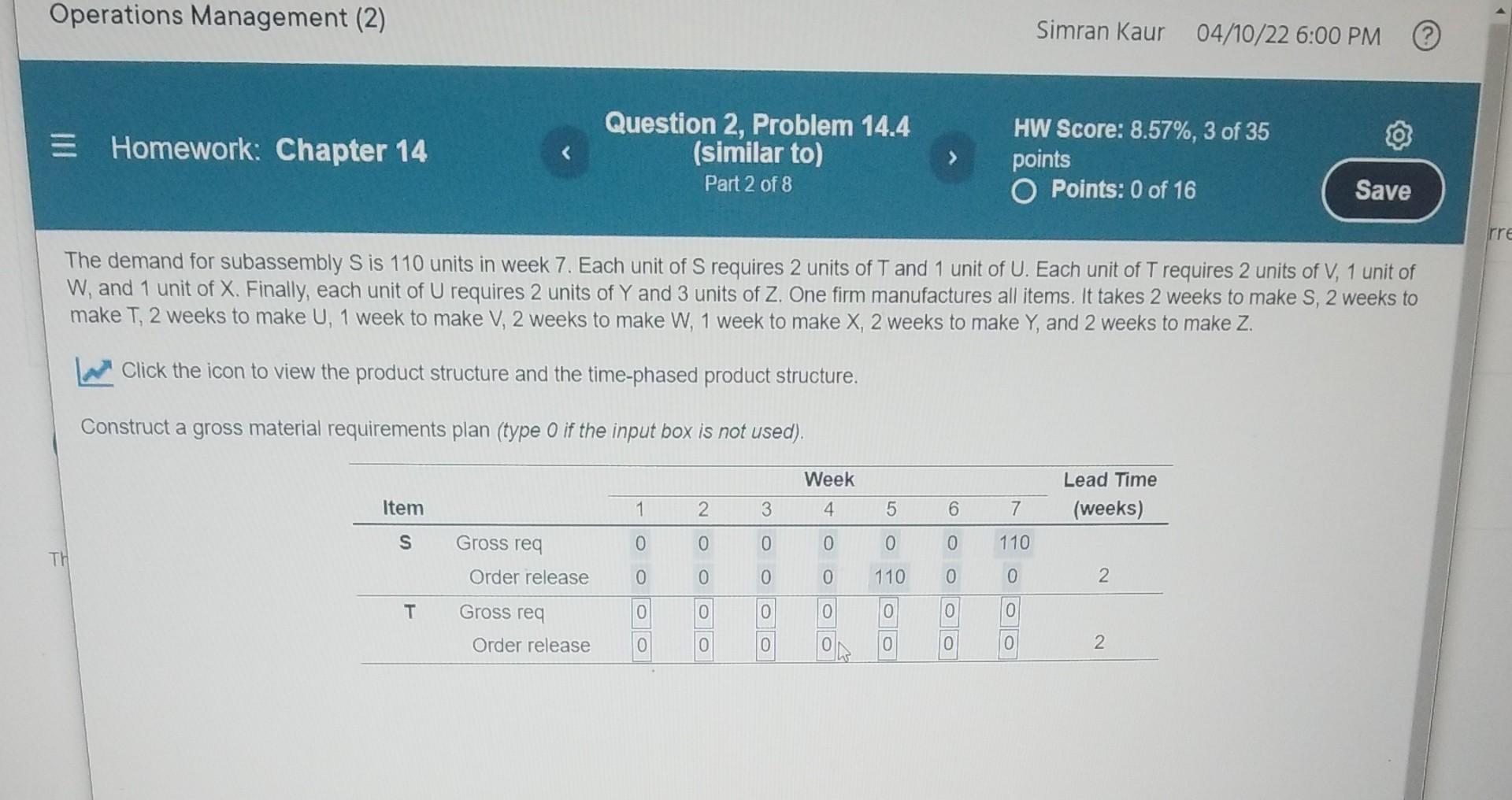 The demand for subassembly S is 110 units in week