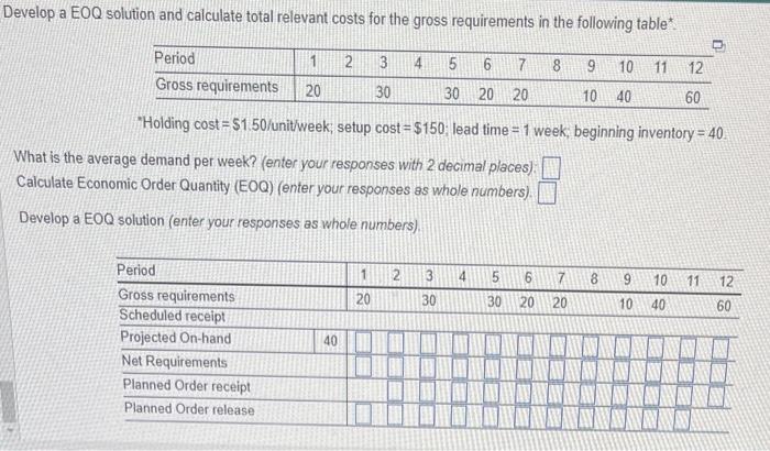 Develop a EOQ solution and calculate total