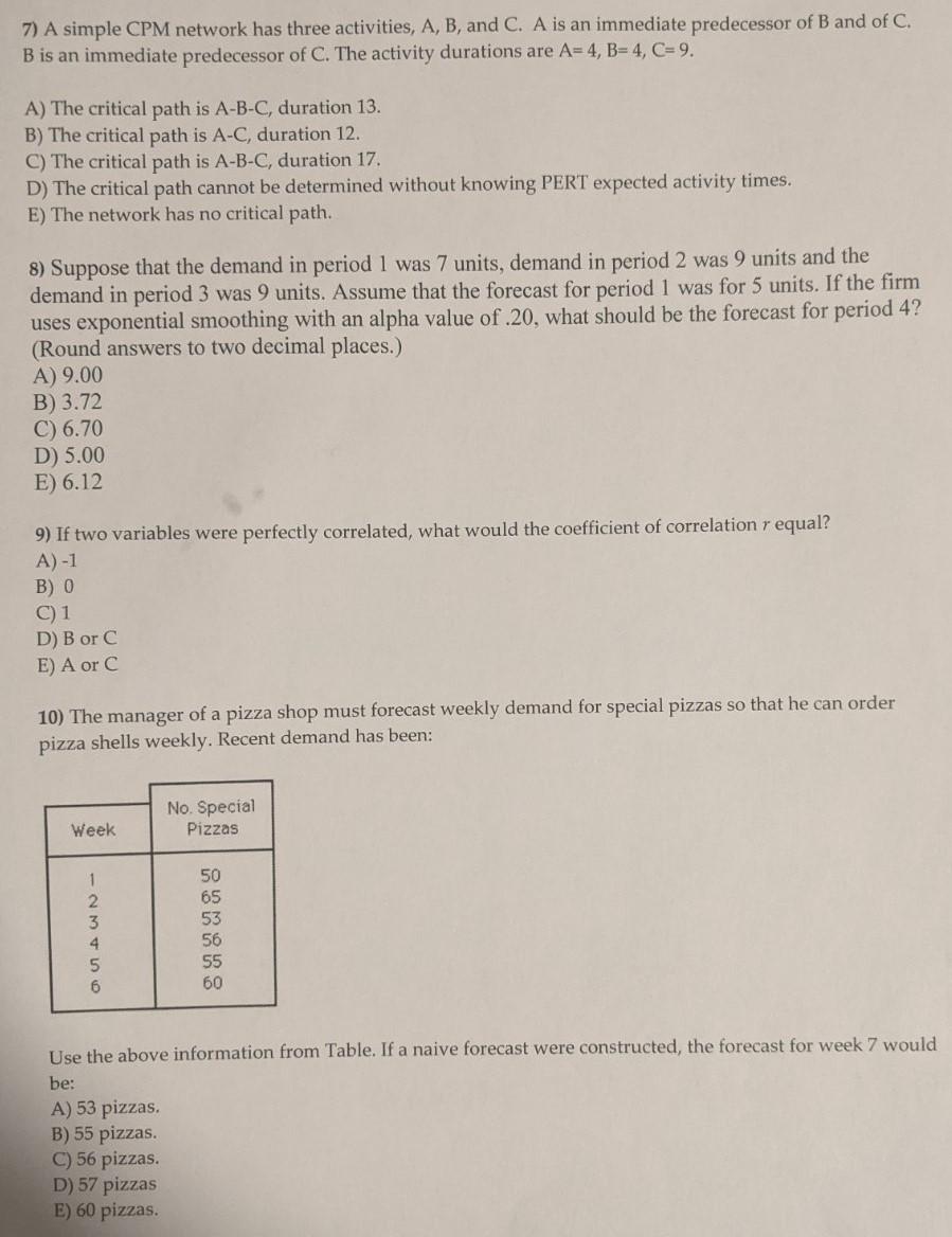 7) A simple CPM network has three activities, A,