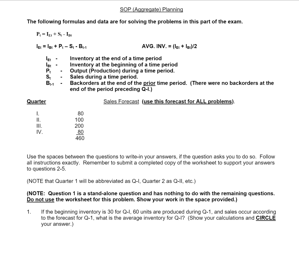 SOP (Aggregate Planning The following formulas