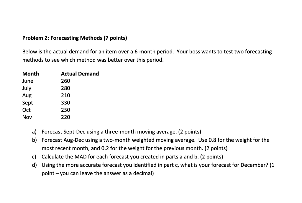 Problem 2: Forecasting Methods (7 points) Below