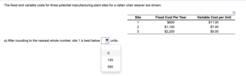 The fixed and variable costs for three potential