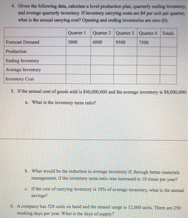4. Given the following data, calculate a level