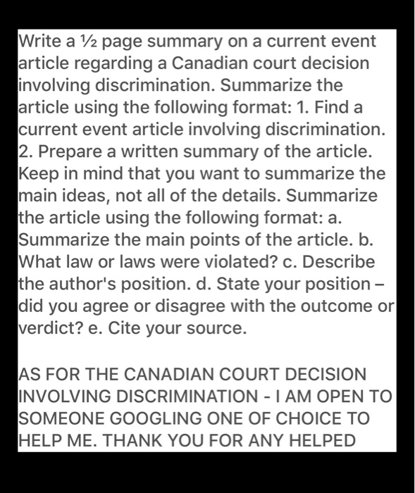 Write a 1/2 page summary on a current event