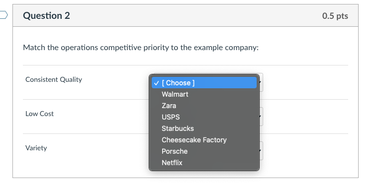 Question 2 0.5 pts Match the operations