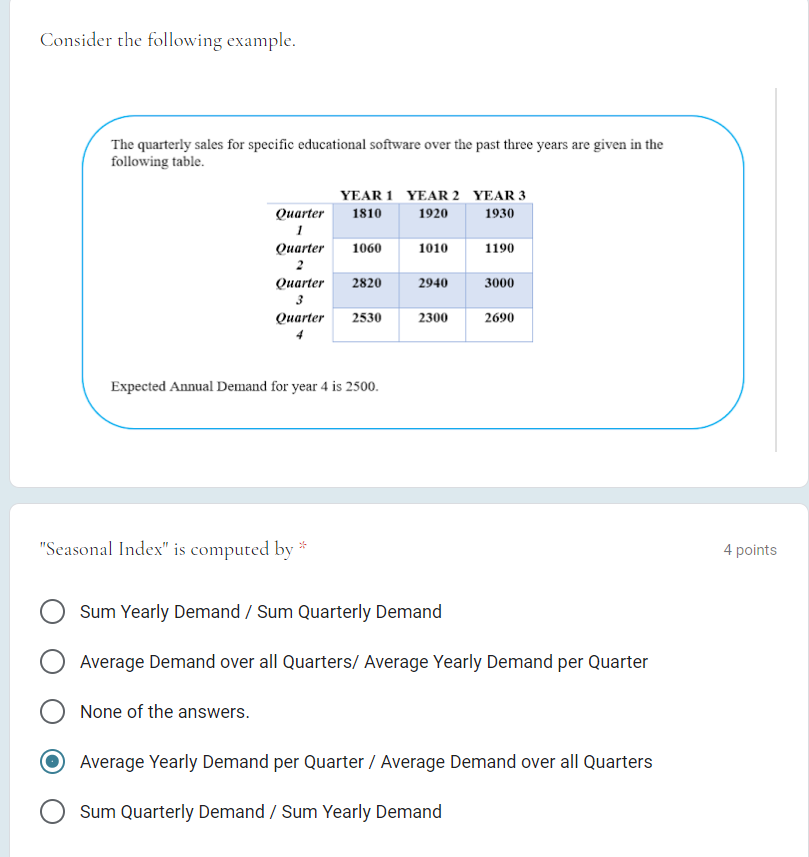 Consider the following example. The quarterly