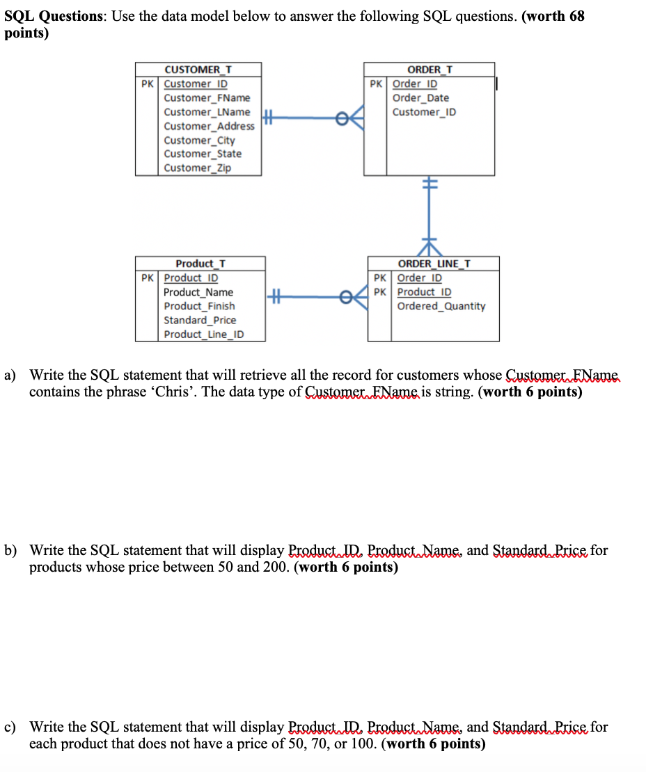 SQL Questions: Use the data model below to answer