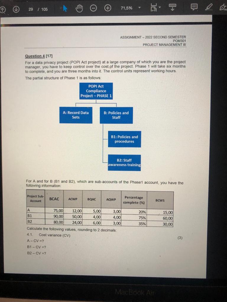 PROJECT MANAGEMENT Question 4 [17] For a data