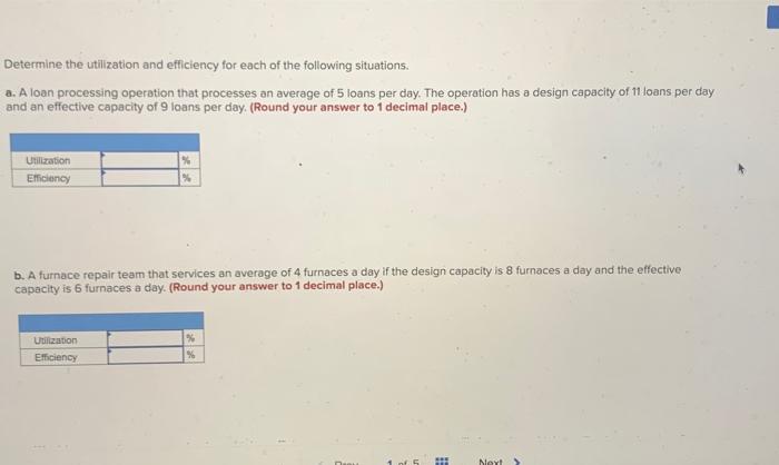 Determine the utilization and efficiency for each