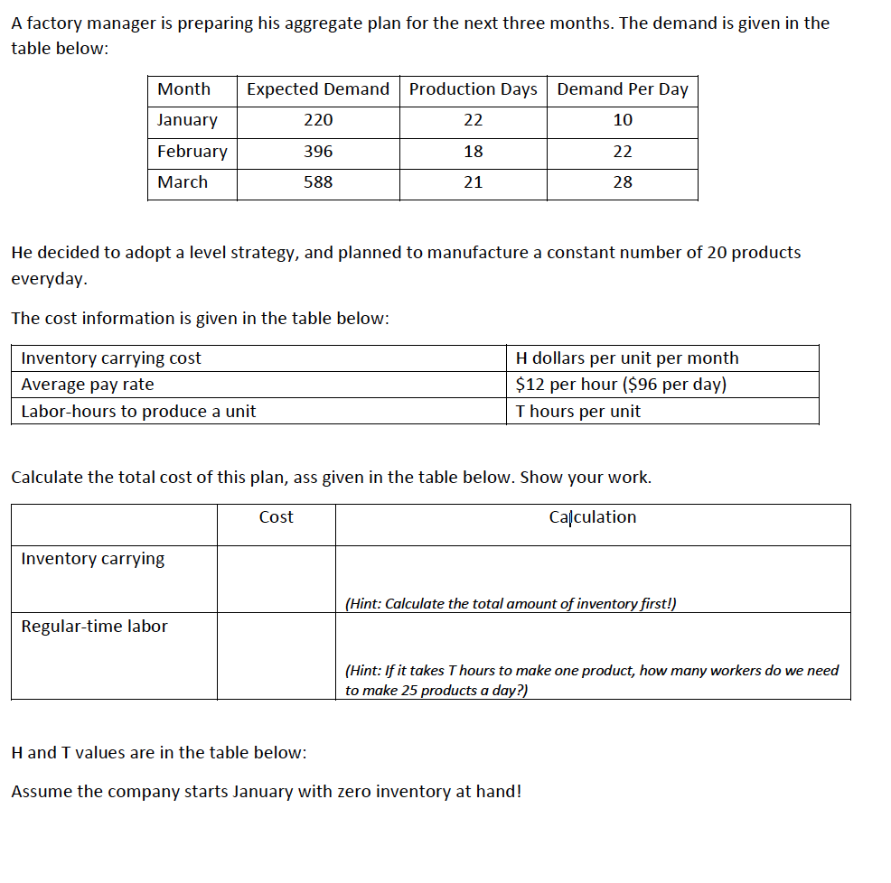 H= $5 T= 1.4 hours A factory manager is preparing