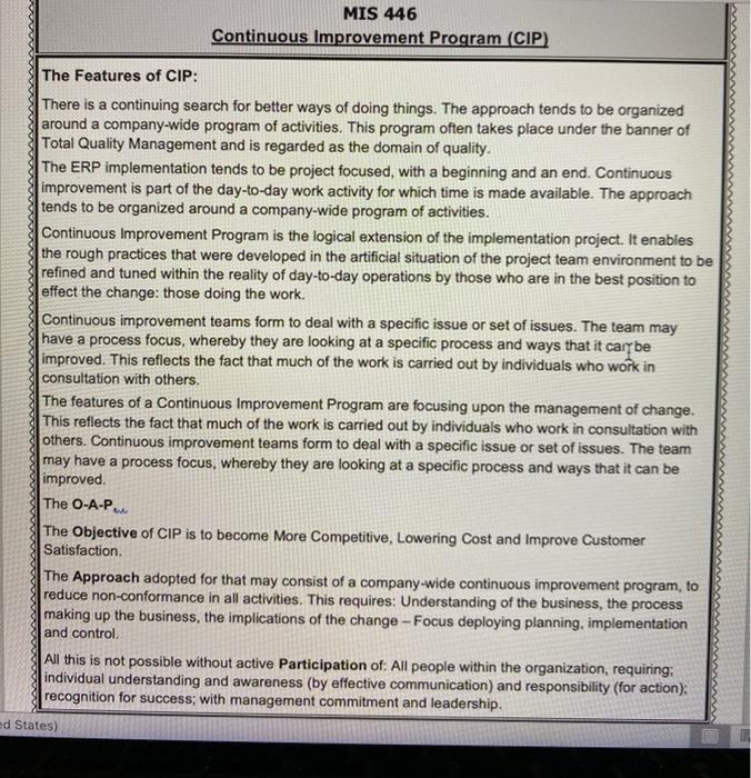 MIS 446 Continuous Improvement Program (CIP) The