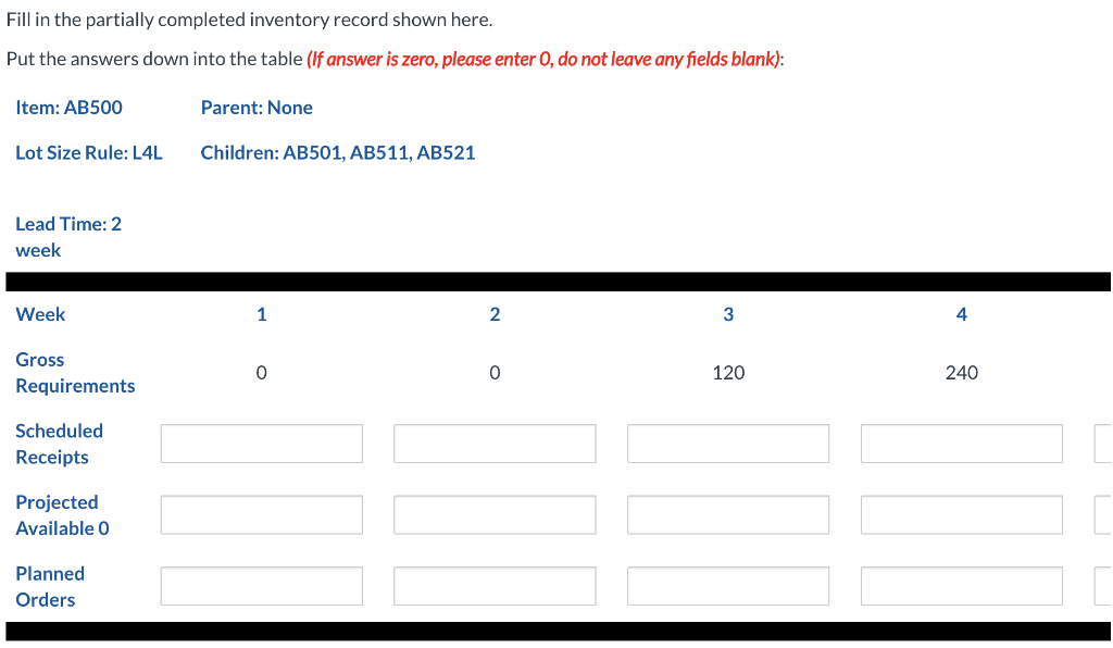Fill in the partially completed inventory record