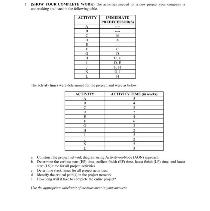 1. (SHOW YOUR COMPLETE WORK) The activities