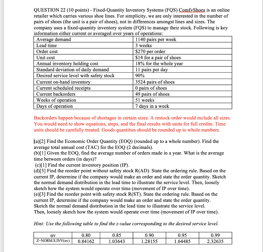 QUESTION 22 (10 points) - Fixed-Quantity