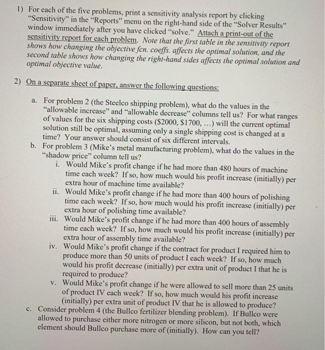 1) For each of the five problems, print a